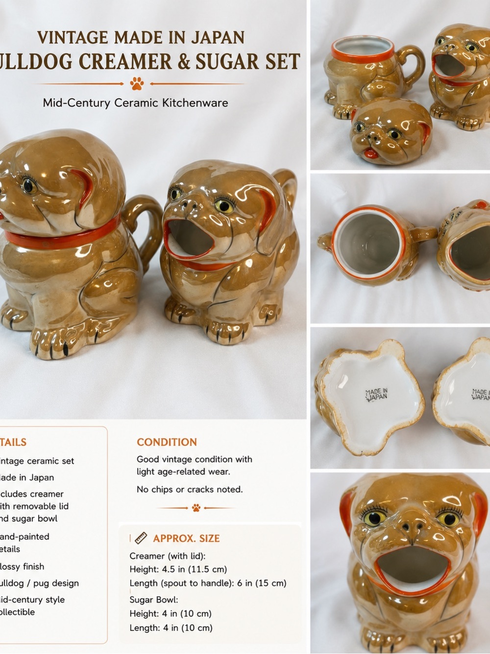 Vintage Bulldog Creamer & Sugar Set - Brown Ceramic Mid-Century Home Art